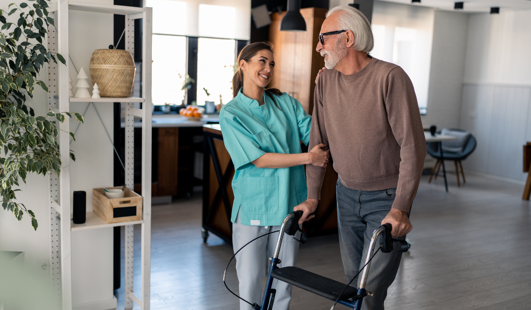A caregiver assisting a senior with a walker, representing the role of support coordination in NDIS for empowering independence.